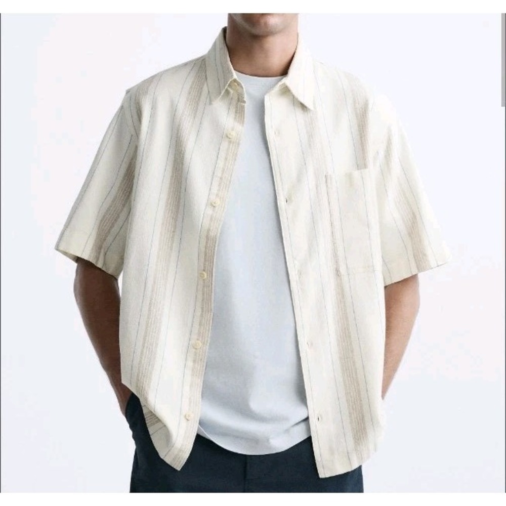 Zara Men's Striped Short Sleeve Button Front Shirt Beige Size M NWOT